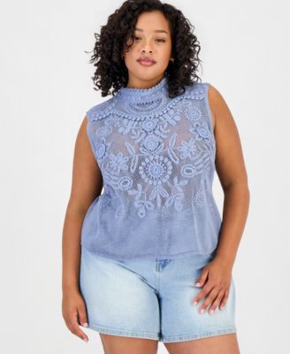 Trendy Plus Size Cotton Crochet Mock Neck Sleeveless Top