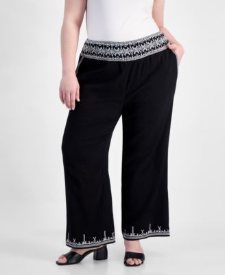 Trendy Plus Size Embroidered Cotton Wide Leg Pants