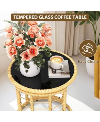 3-Piece L-Shaped Patio Set, Outdoor Sectional Sofa with Cushions & Glass Table for Garden or Backyard