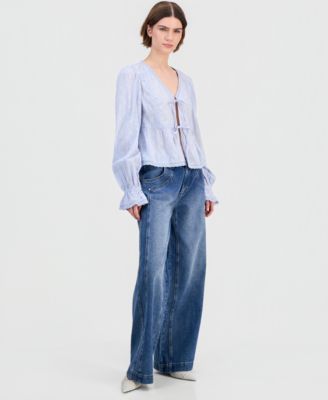 Women's Cotton Lace-Trim Tie-Front Top