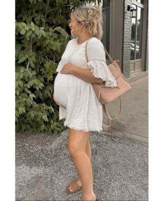 Beige Raw Edge Bell Sleeve Babydoll Maternity Dress