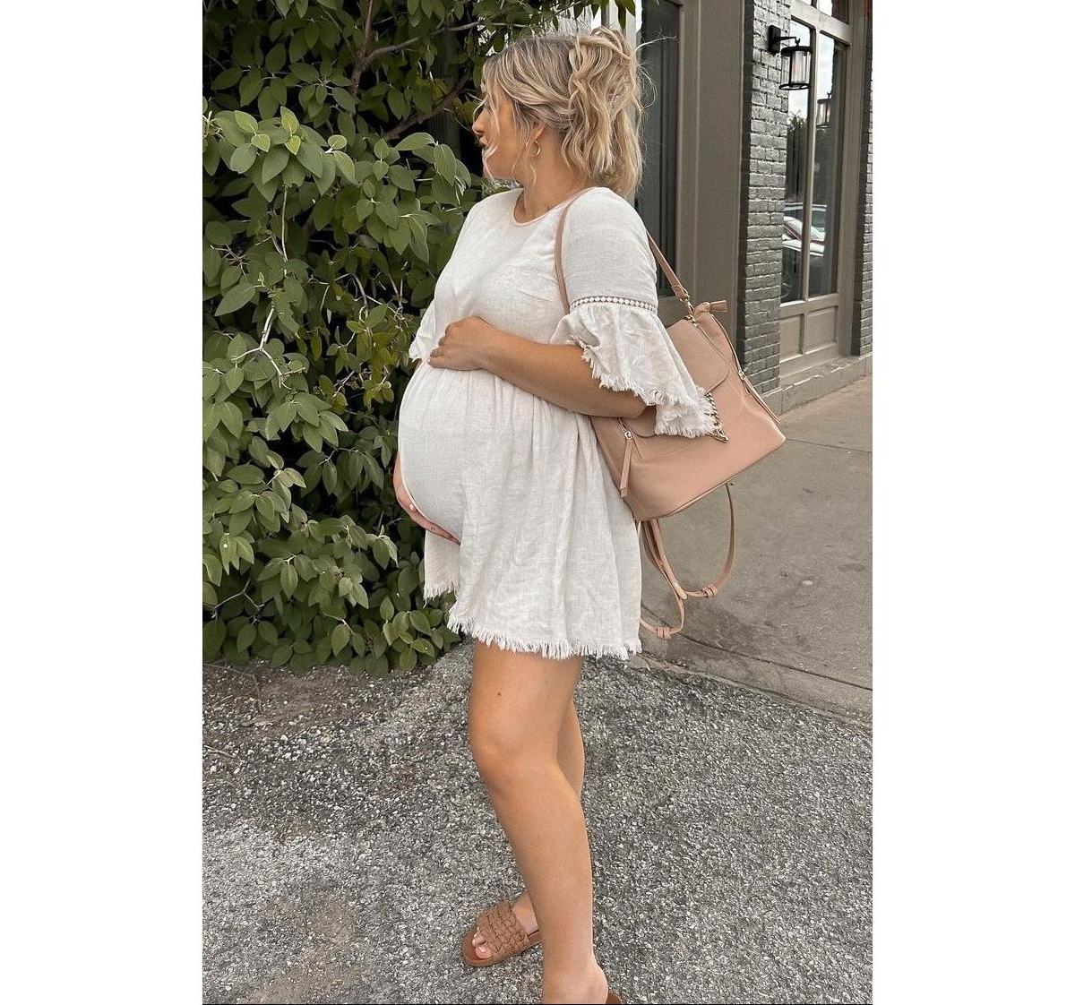 Pinkblush Beige Raw Edge Bell Sleeve Babydoll Maternity Dress