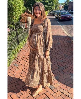 Maternity Cream Floral Smocked Long Sleeve Maxi Dress