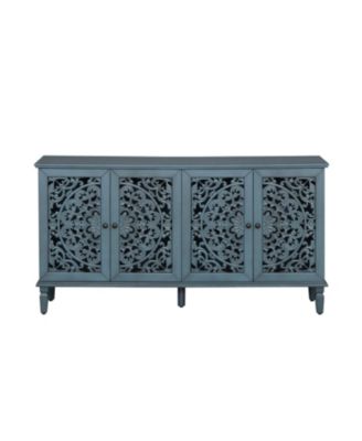 Streamdale 60" Antique Blue Buffet Cabinet - Floral Carvings, Solid Wood Legs