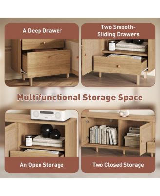 TV Stand for 65 to 85 Inch TV with Open Storage and Drawers, Modern Wood Media Console with Real Rattan