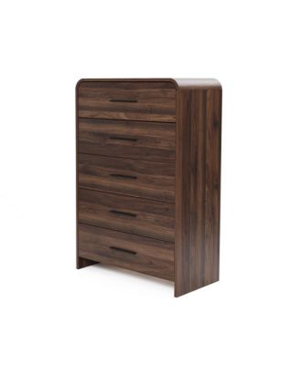 Modern Walnut Finish 5-Drawer Chest, Engineered Wood Storage Dresser with Rounded Corners