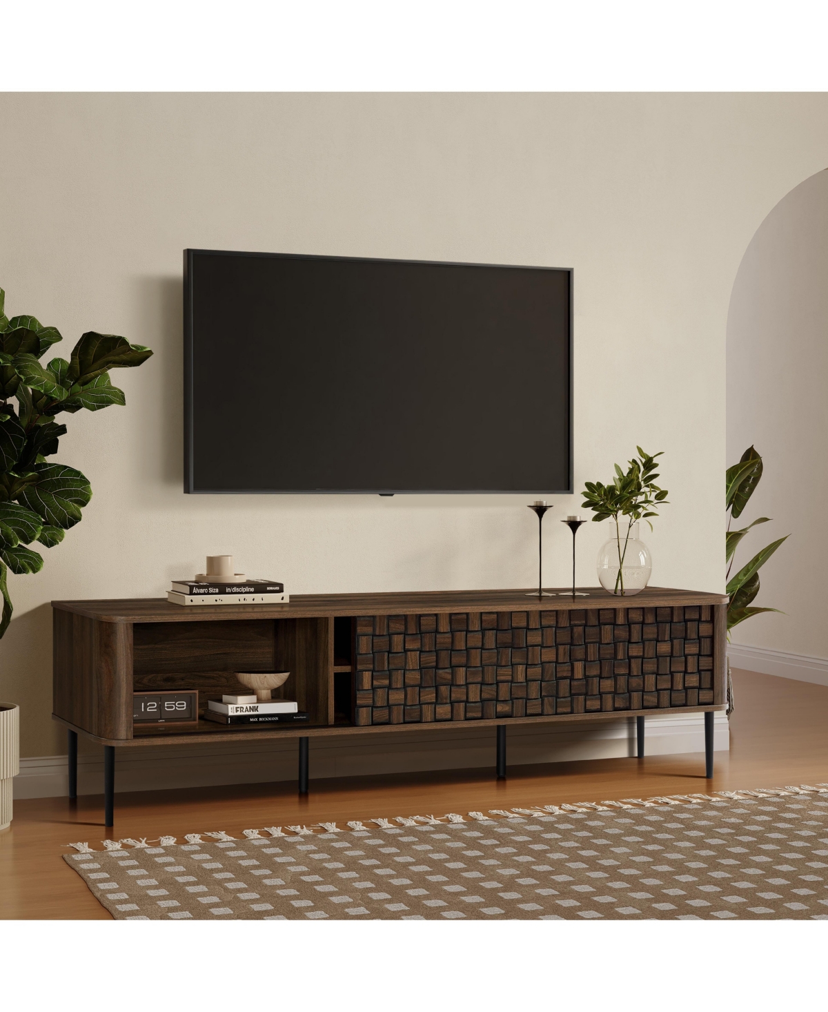 LuxenHome Dark Oak with Basket Weave Design Manufactured Wood 2-Sliding Door Tv Console Cabinet