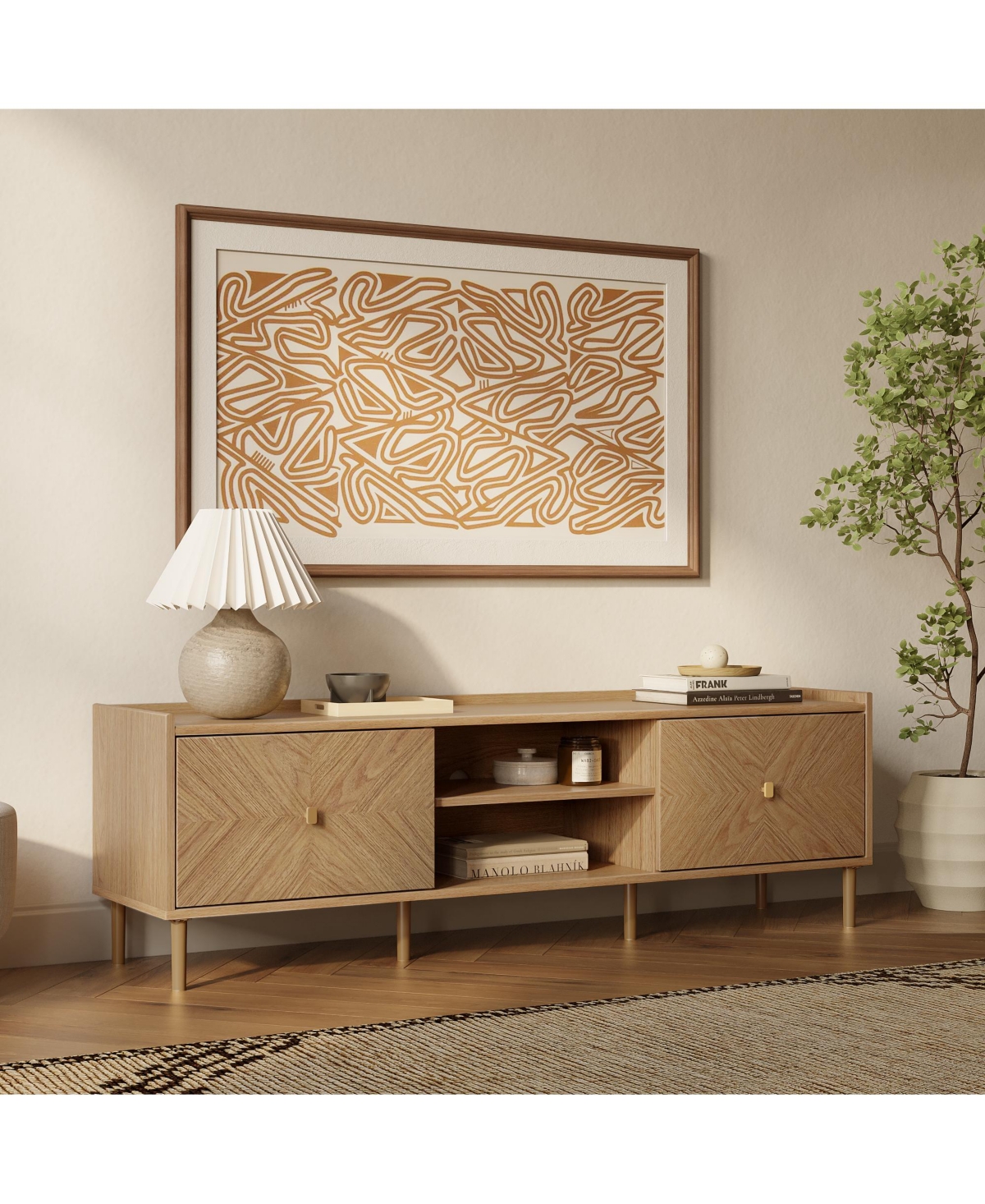 LuxenHome Summer Oak Manufactured Wood 2-Door 63" Wide Tv Console Cabinet