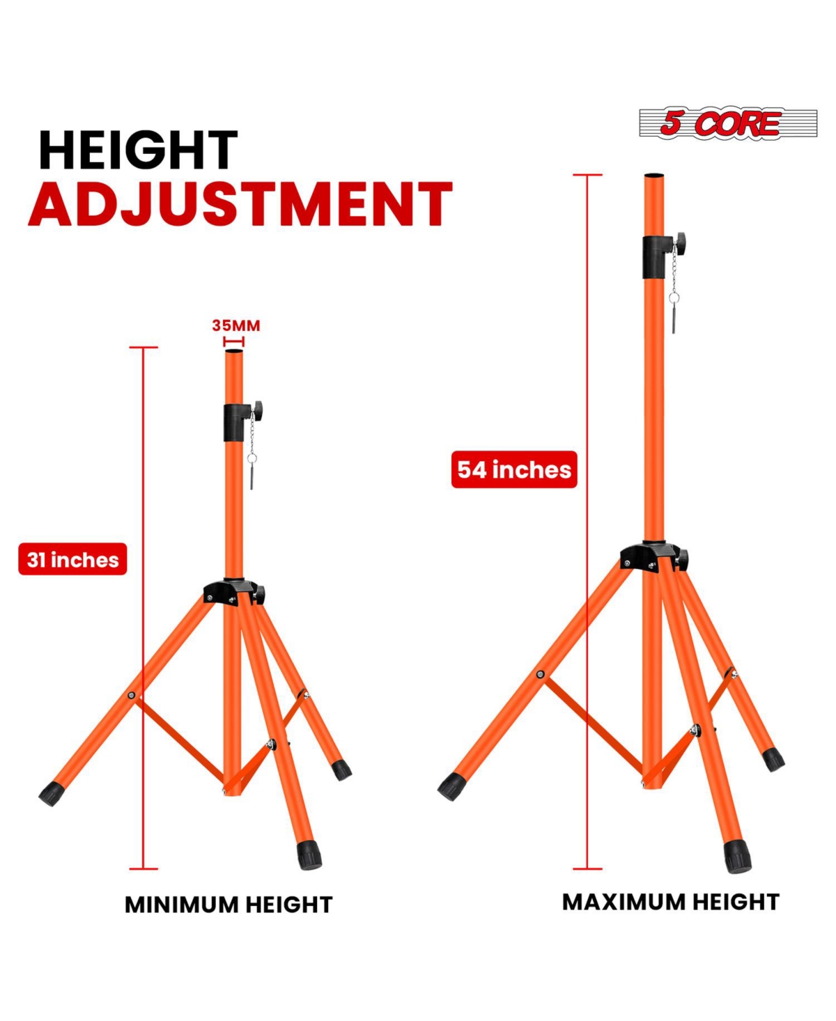 5 Core Speaker Stand Adjustable 31 to 54" Pa Dj Tripod Stands Heavy Duty w 35mm Insert 132 Lbs - Ss Hd 1 Pk 4.5 Ft