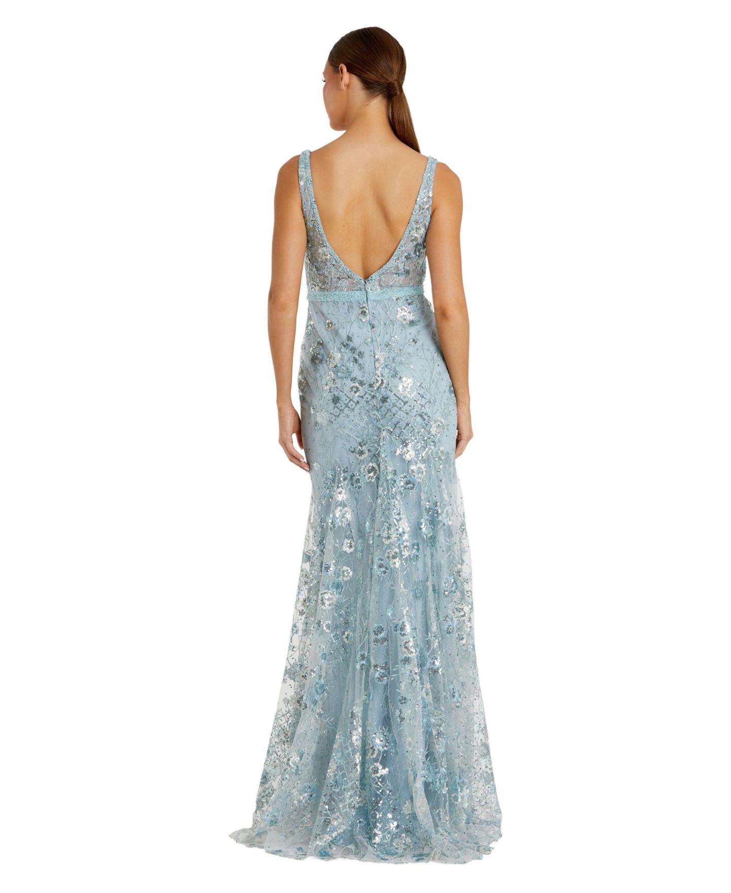 Женское платье Mac Duggal Floral Embellished Sleeveless Plunge Neck Gown, цвет: Морская пена — фото 2