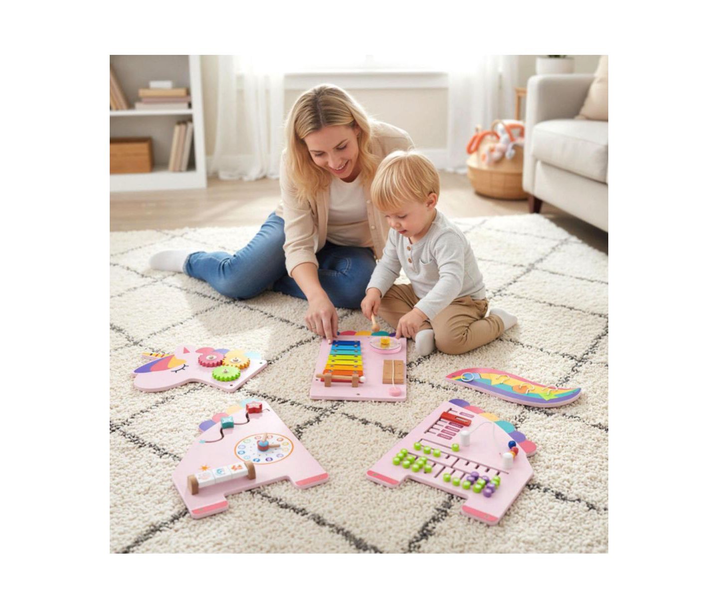 Детская игрушка HONGGE Kids Montessori Sensory Busy Board with 11 Learning Activities, цвет: Розовый — фото 5