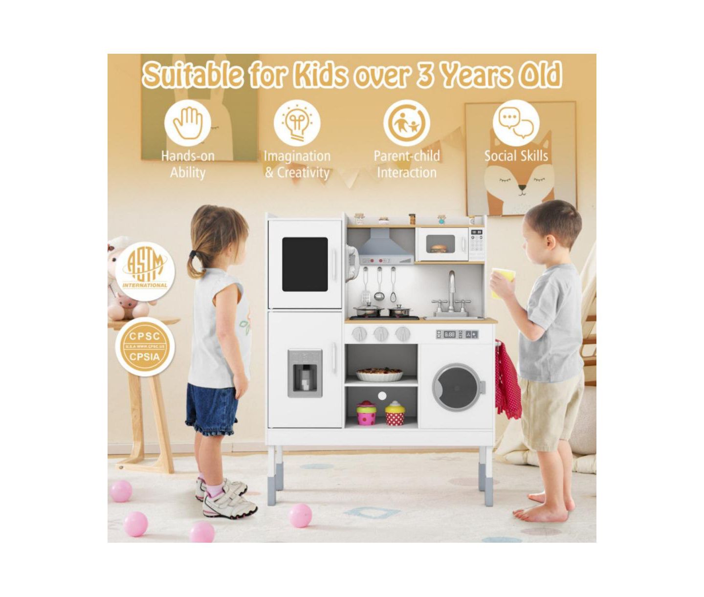 Детские игрушки HONGGE Adjustable-Height Wooden Play Kitchen Set, Ages 3+, цвет: Белый — фото 3