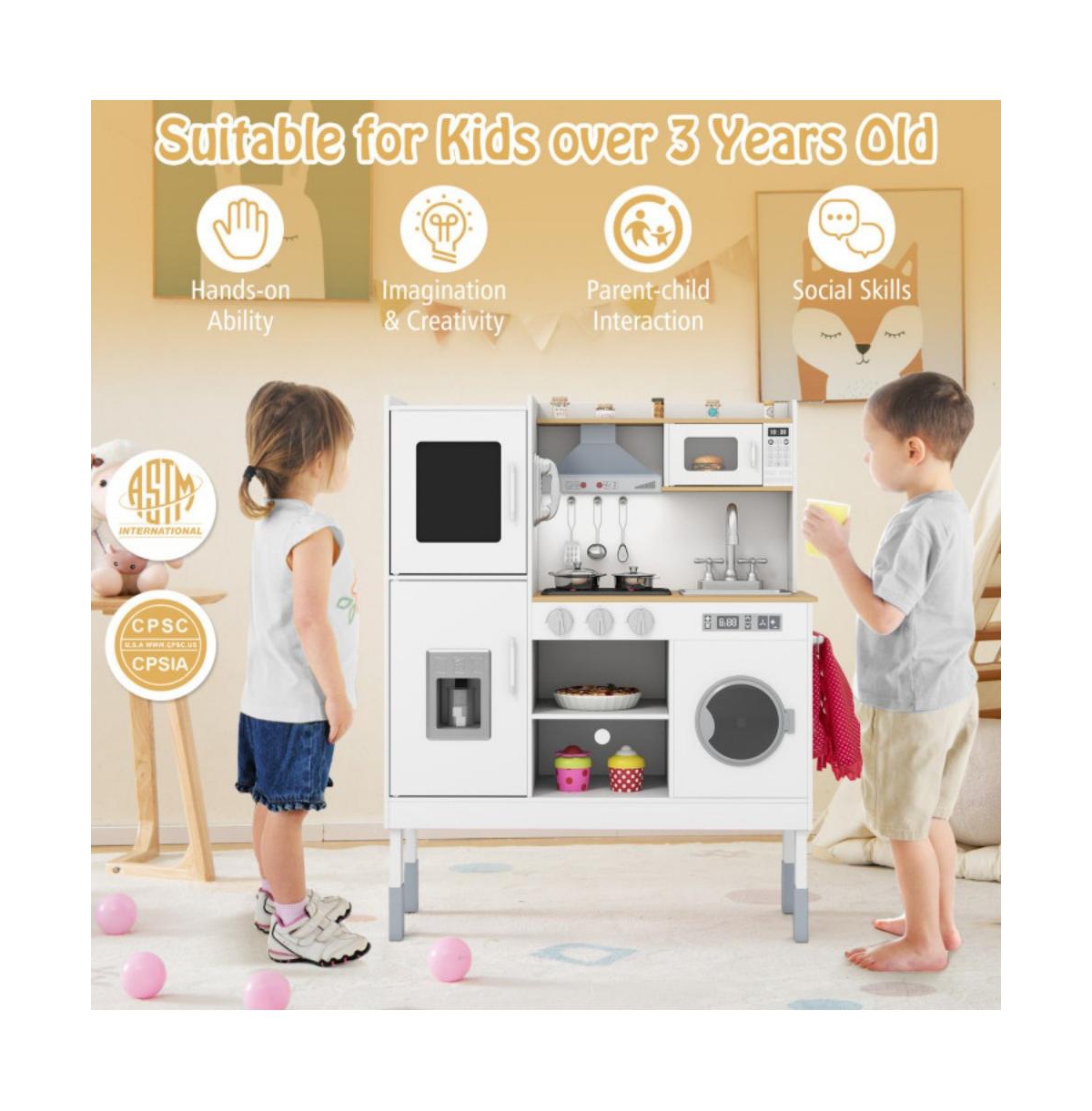 Hongge Kids Adjustable Height Wooden Play Kitchen Set with Accessories and Storage