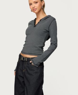 Women's Damson Striped Hooded Henley Top