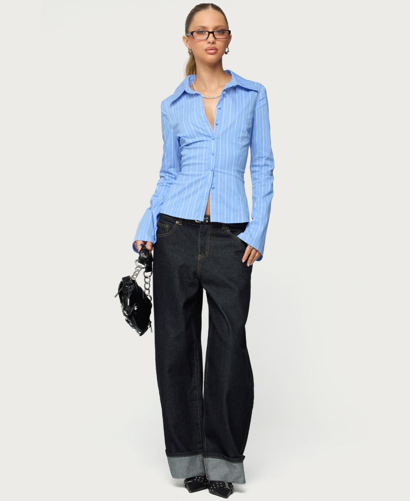 Женская рубашка Edikted Pinstripe Tailored Button Up, цвет: Синий — фото 5