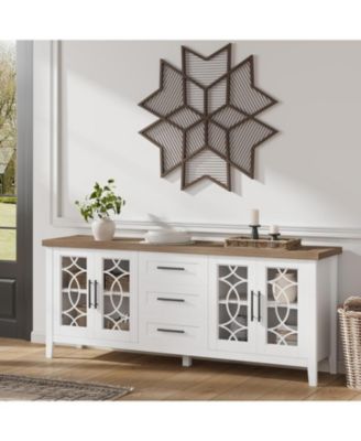 Farmhouse TV Stand for 70" TVs, Mid-Century Console with Glass Door, 2 Doors, 3 Drawers and Shelves