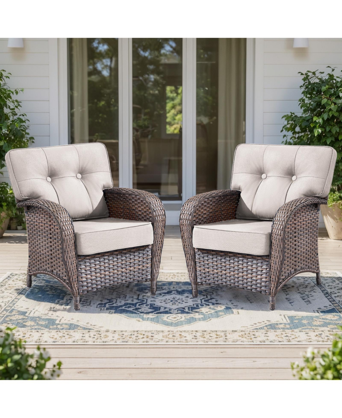 Gymojoy T-Frame Brown Wicker Outdoor Lounge Chairs with Olefin 5 In. Thick Cushions 2-Pack）