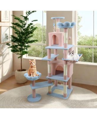 71" Blue Floral Cat Tree - Large Condo & Hammock