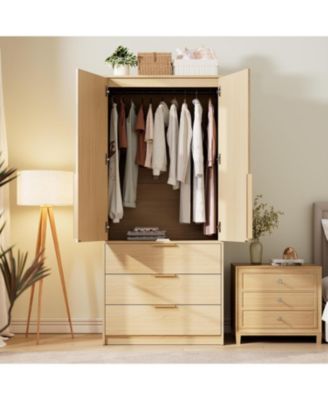 Armoire Wardrobe Closet with 3 Drawers and 2 Doors, Modern Tall Wooden Wardrobe Cabinet for Hanging Clothes, Bedroom Storage Organizer
