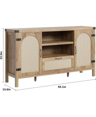 59.1" Rattan Buffet Cabinet with Storage, Boho Farmhouse Sideboard with Adjustable Shelves, Drawer, Doors, Kitchen Coffee Bar Cabinet