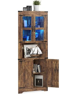 67" Tall Corner Storage Cabinet with Lights, Farmhouse Wooden Corner Hutch with Glass Doors, Adjustable Shelves, Display Cabinet