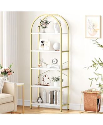 Arched 5-Tier Bookshelf, Modern Bookcase with Gold Metal Frame, Tall Wood Storage Shelf for Living Room, Bedroom, Home Office, Easy Assembly