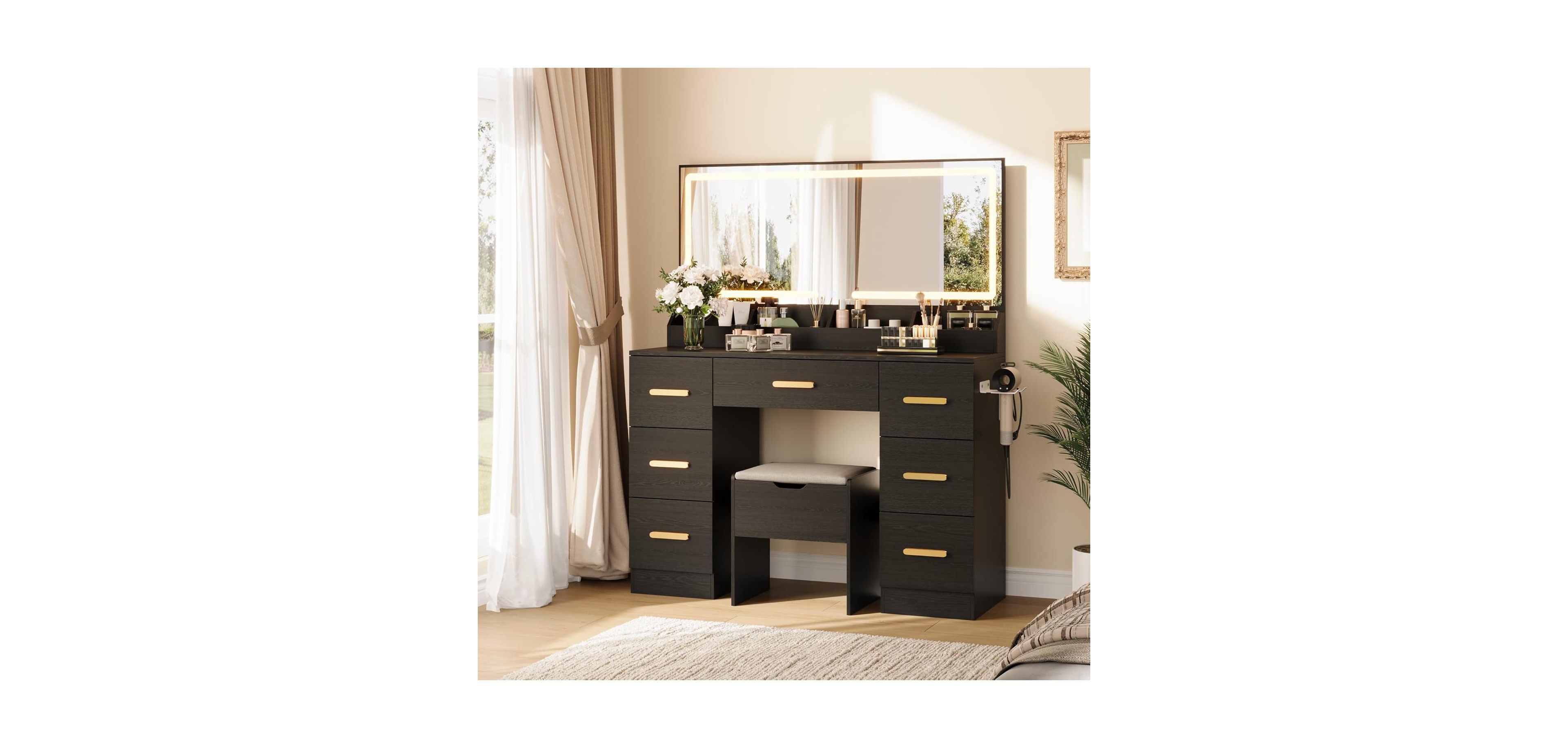 Gaomon Vanity Desk with Large Lighted Mirror, 45.9" Makeup Table, 3 Light Modes & Power Outlet, 8 Drawers, Wall-Mounted, for Bedroom