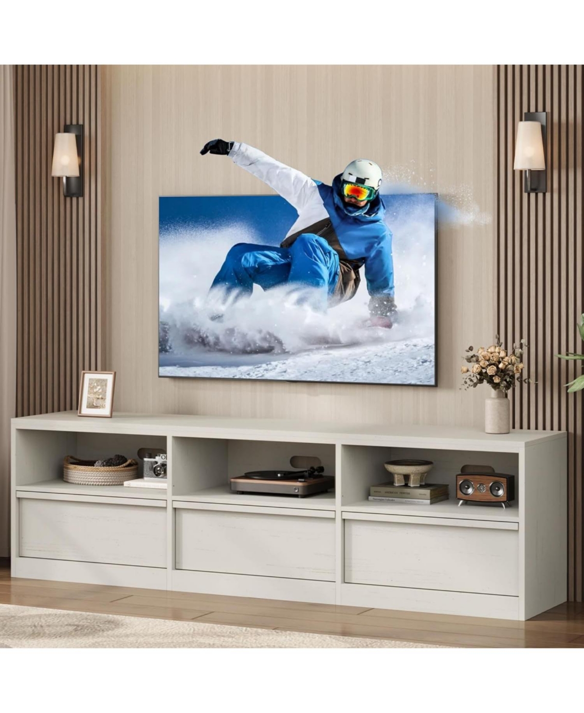 gaomon 70" Tv Stand for TVs up to 85", Mid Century Modern Entertainment Center with Drawer, Open Shelves & Cable Management