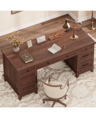 60" Farmhouse Executive Desk with File Drawers, Charging Station, Cabinet Storage, Home Office Computer Writing Desk