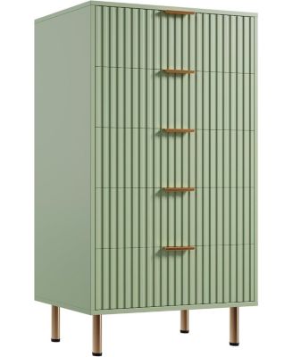 Fluted 5 Drawer Storage Dresser, Tall Chest with Deep Drawers and Wide Top, Wooden Organizer for Living Room or Kids Room