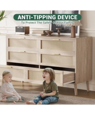 6-Drawer Oak Finish Natural Rattan Gold Metal Handles Farmhouse Style, Ample Storage, Durable Construction, Anti-Tip Safety Dresser