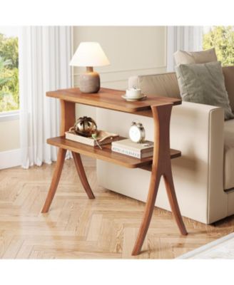 Walnut Side Table, Narrow End Table with 2-Tier Storage Shelf and Solid Wood Legs