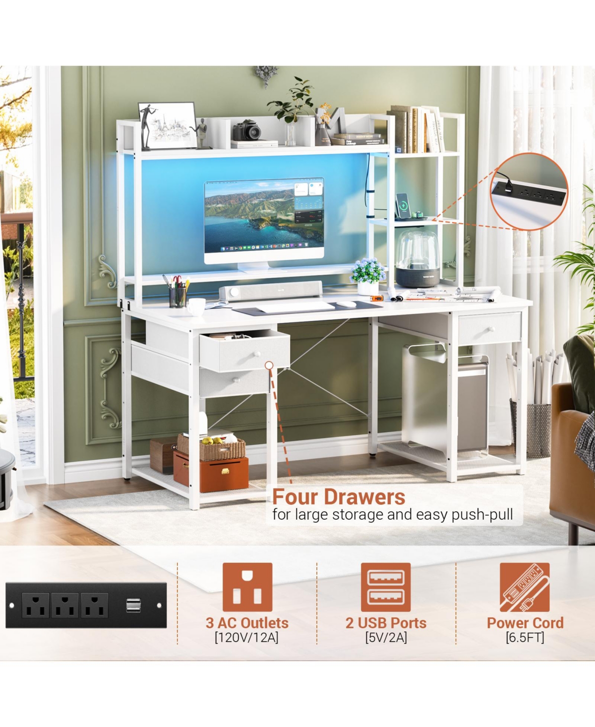 Aheaplus 47-55 inch Computer Desk with 3 Drawers and Storage Shelves