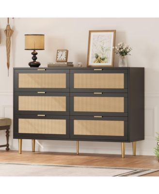 Rattan 5 Drawer Dresser, 44''Tall Narrow Chest of Drawer, Farmhouse Wooden Vertical Dresser with Metal Legs