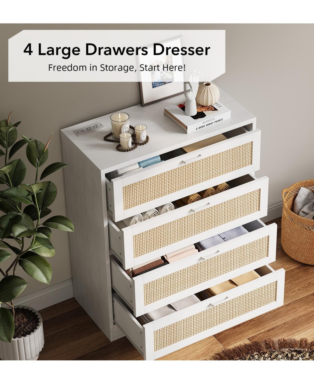 Gaomon Modern Rattan 4-Drawer Wood Dresser with Power Station, Tall Storage Chest for Bedroom, Hallway, Entryway, or Living Room