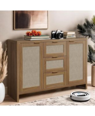 47" Rattan Sideboard Cabinet, Boho Credenza with Drawers & Doors, Coffee Bar Storage for Entryway/Living Room