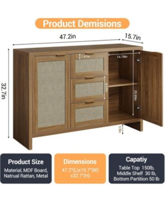 "47.2-Inch Rattan Buffet Sideboard Cabinet, Boho Credenza with Drawers & Doors, Wooden Coffee Bar Storage for Entryway or Living Room"