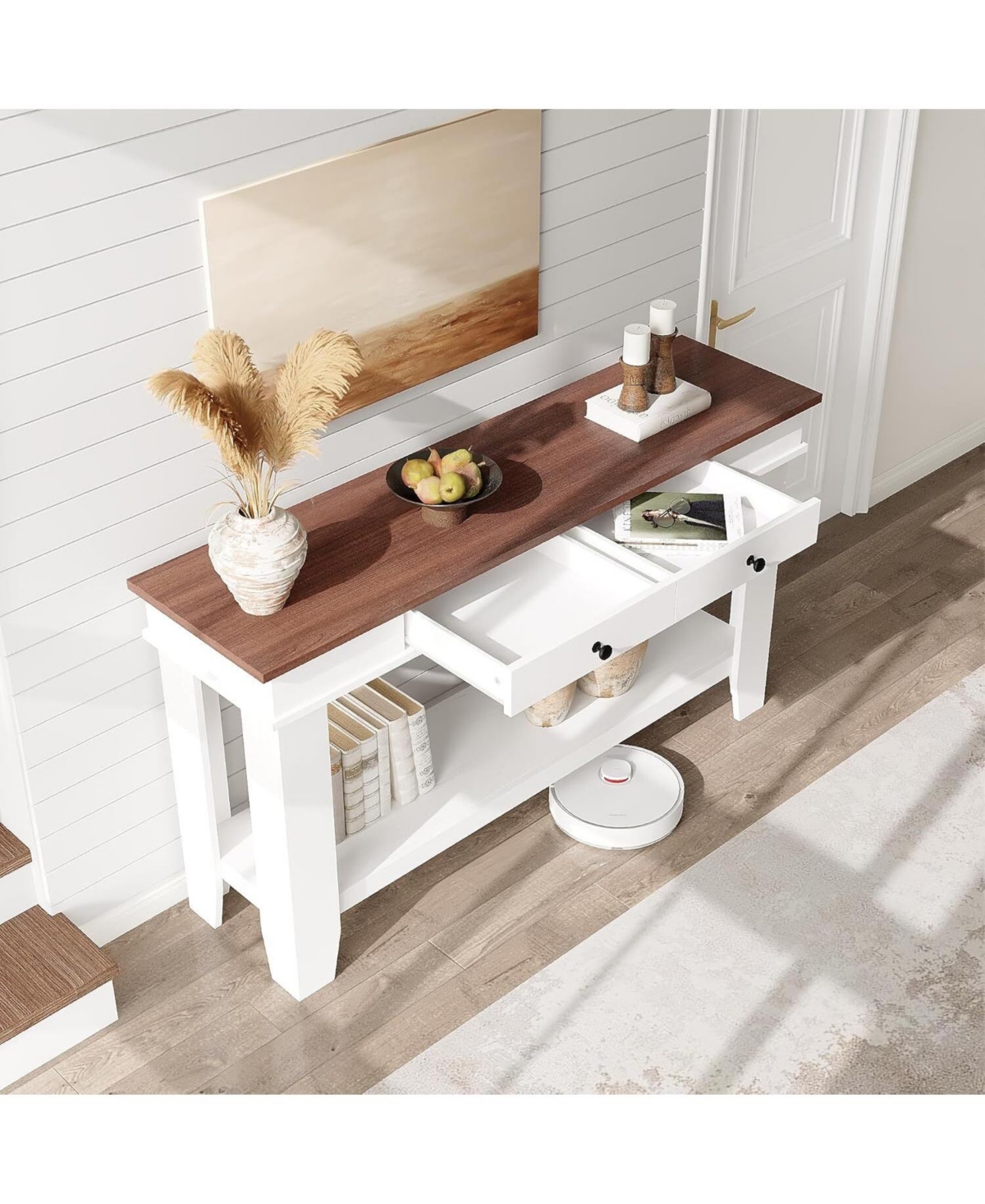 gaomon 54" Long Console Table, Wooden Entryway Table with 2 Drawers & Open Storage Shelf, Sofa Table Behind Couch, Farmhouse Entry Foyer Table