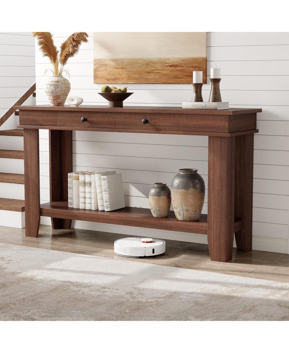 gaomon 54" Long Console Table, Wooden Entryway Table with 2 Drawers & Open Storage Shelf, Sofa Behind Couch, Farmhouse Entry Foyer B