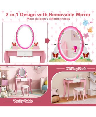 Kids Vanity Table Stool Set Pretend Play Makeup Desk with Whiteboard Markers