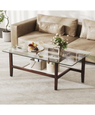 2-Tier Glass Coffee Table w/ Storage Shelf Solid Rubber Wood Legs for Office
