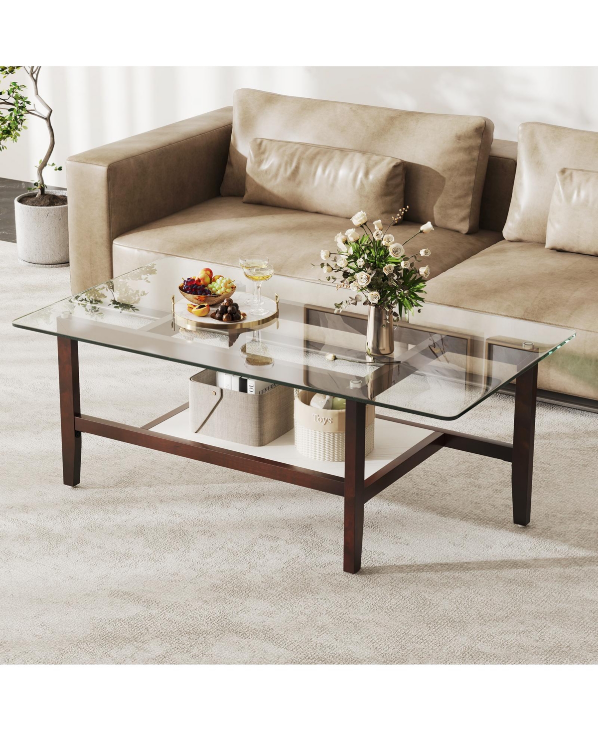 Gymax 2-Tier Glass Coffee Table w/ Storage Shelf Solid Rubber Wood Legs for Office