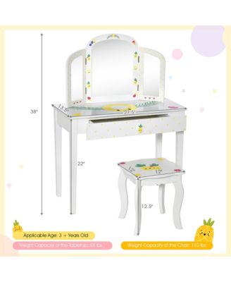 Kids Vanity Table Set Tri-Folding Mirror Pretend Play Dressing Large Drawer
