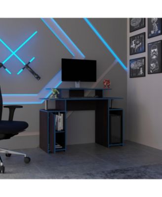 Wengue Gaming Desk with Blue Accents Six Shelves and Storage Door Compact Design for Organized Gaming Setups