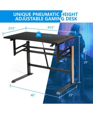 Pneumatic Height Adjustable Gaming Desk T Shaped Game Station w/Power Strip Tray