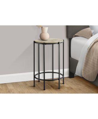 Accent Table, End, Round, Side Table, Small, Lamp, Living Room, Bedroom, Nightstand, Cream Stone Laminate, Black Metal, Contemporary