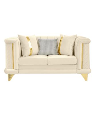 69" Velvet Loveseat Sofa, Gold Trim, Tufted, Pillows, Beige