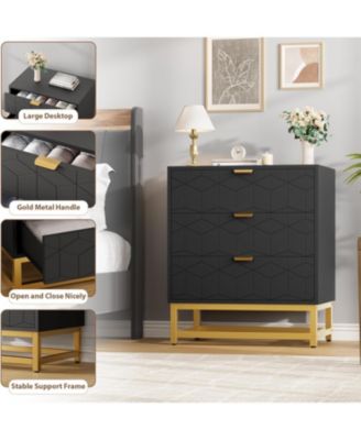 3-Drawer Wood Dresser with Gold Metal Legs & Handles