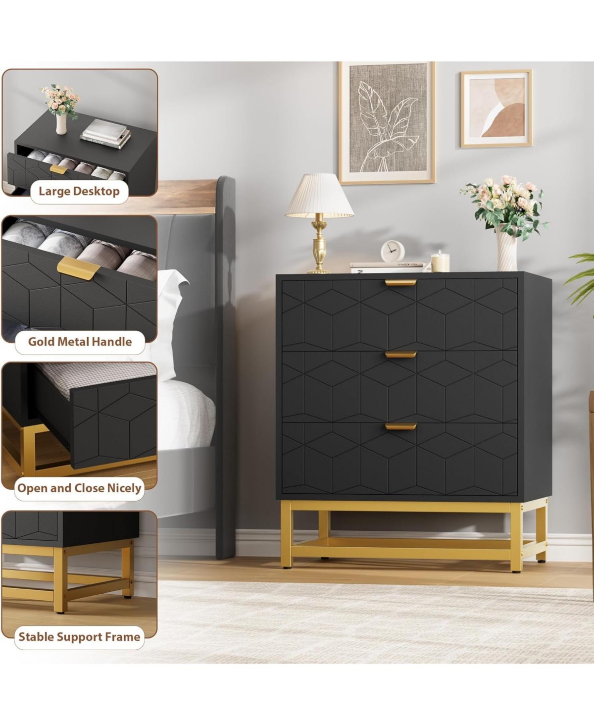 Gaomon 3-Drawer Wood Dresser with Gold Metal Legs & Handles
