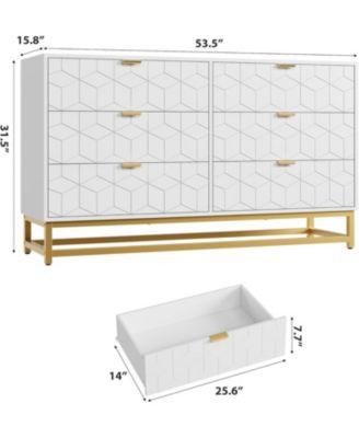 53.5" Wide Modern 6 Drawer Dresser, Wide Chest with Gold Metal Legs & Handles, Wood Storage Organizer for Bedroom, Living Room, Hallway